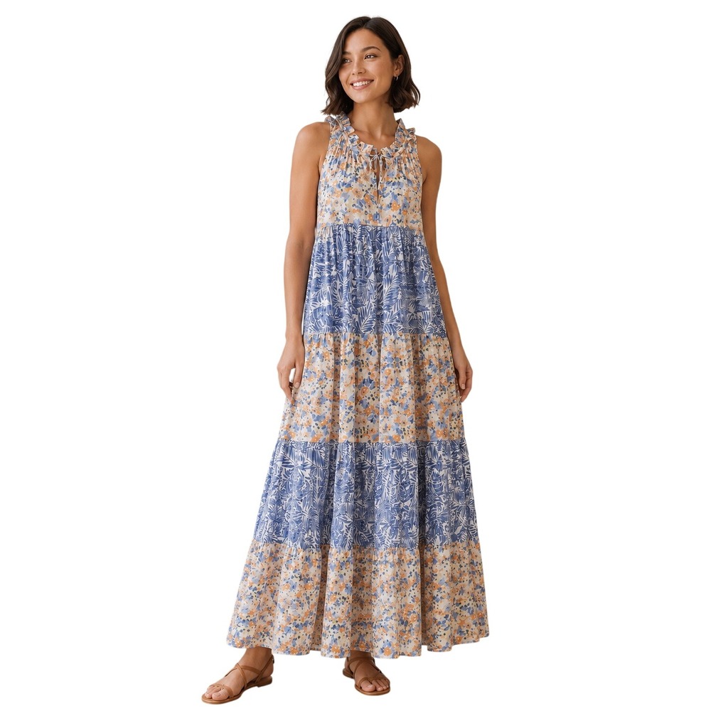 Stitchdrop S Cotton Tiered Maxi Dress Floral Tropical Cottagecore Coastal